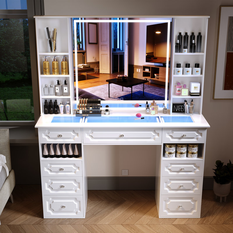 Lark Manor Vanity Set With Extra Large Lighted Mirror Top Dressing Table With 9 Drawers Makeup Vanity With Storage Bench European Style Vanity Adjustable Brightness Vanity For Bedroom white b Wayfair